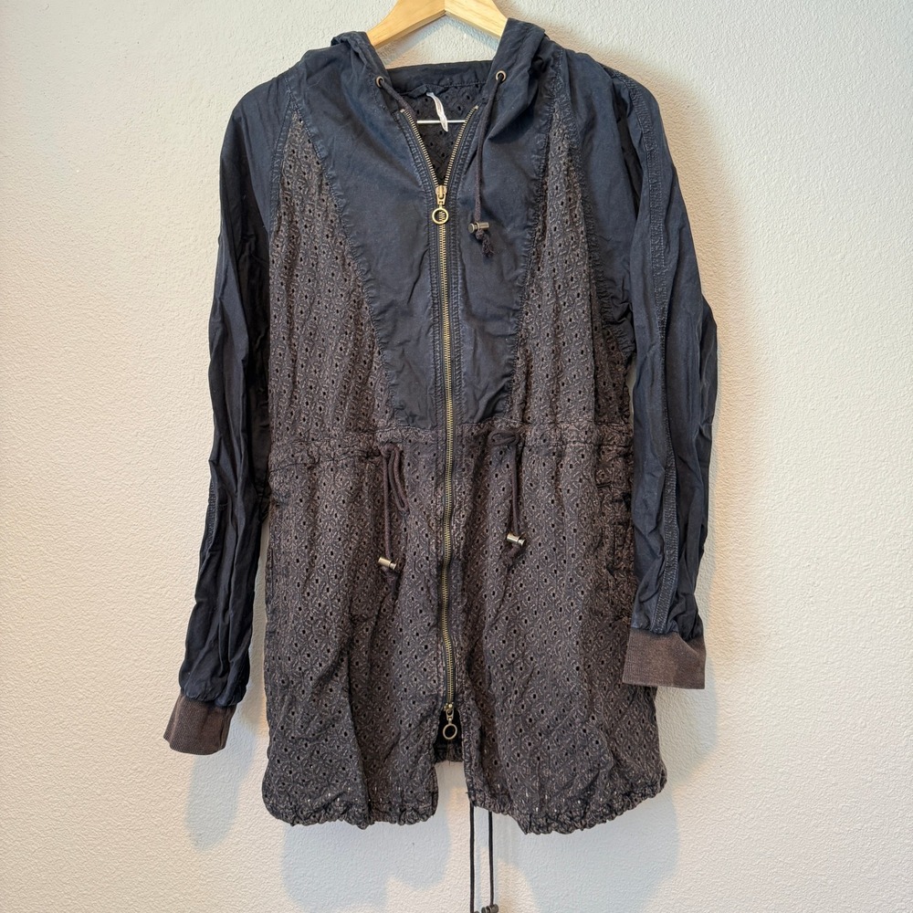 Free People Eyelet Embroidered Hooded Utility Jacket Black Small OB389622